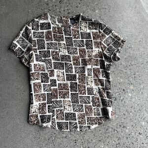 Ishyu Women’s 4 Silk Animal Print Blouse Neutral Brown Patchwork Short Sleeve